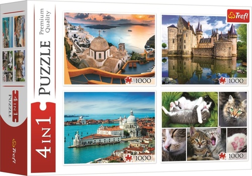 Puzzle Santorini, Benátky, Zámek Sully-sur-Loire a Kočky 4x1000 dílků