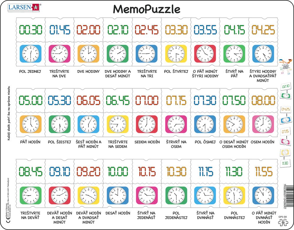 Larsen Puzzle - MemoPuzzle - Spoznávanie hodín - pexeso slovensky : GP5